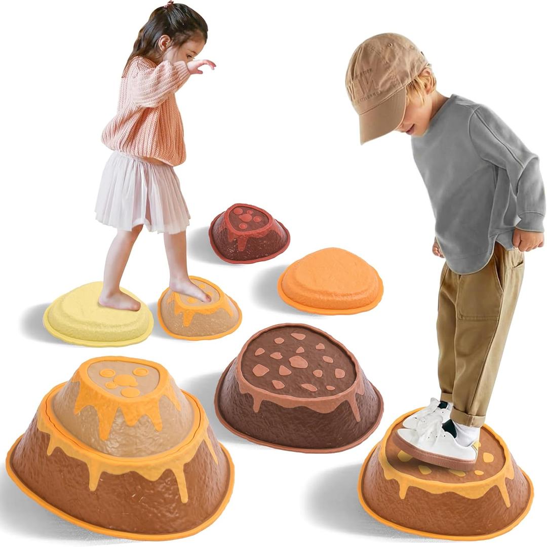 Kids Stepping Stones Balance Set, Floor Is Lava Volcano Stepping Stones Game, Non-Slip Sensory Balance Toys for Toddlers & Kids, Indoor/Outdoor Obstacle Course, Holds 220 lbs, 6-Piece with Spinner
