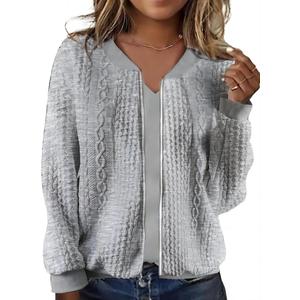 WROLEM Women's Zip Up Cardigan Sweater Cable Hoodies Long Sleeve Jacket Outfits Crewneck Casual Coat (Medium, Grey)