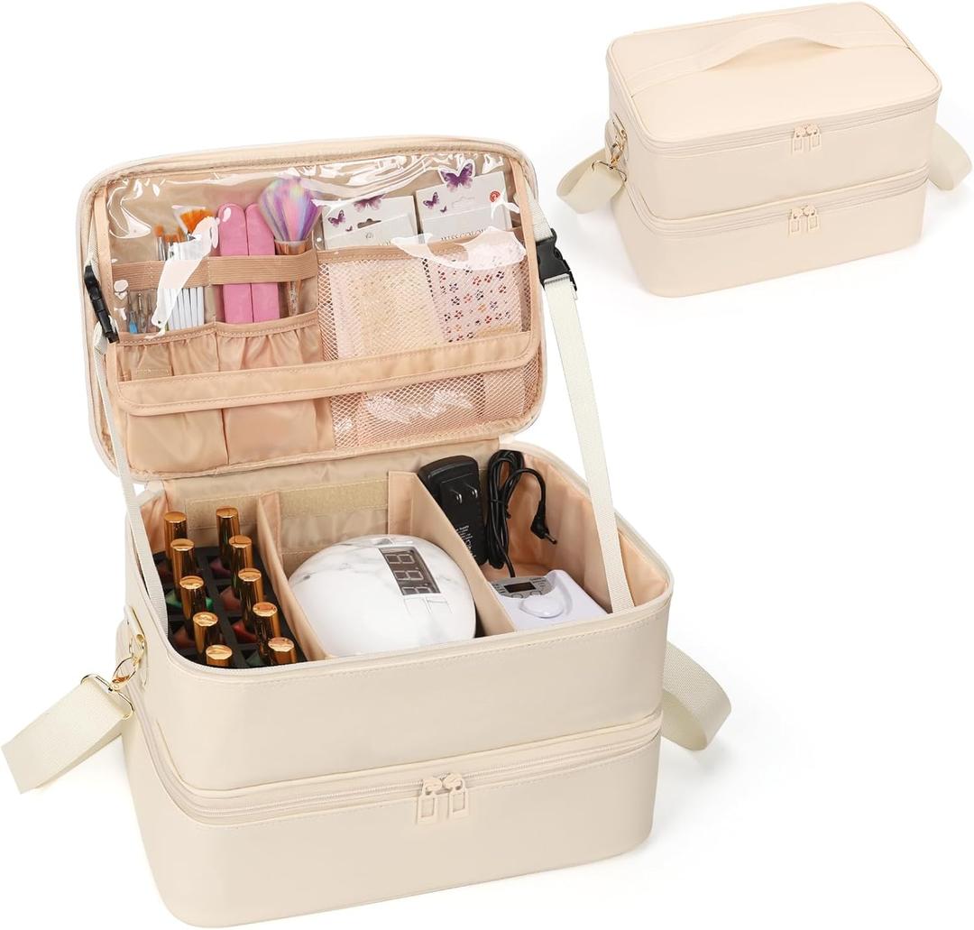 Ethereal Nail Polish Organizer Case, Leather Nail Polish Bag Holds 50+ Bottles (5ml/0.5fl.oz) and Nail Lamp, Nail Storage Organizer with Compartment, Leather White