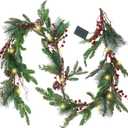 Winemana 6 FT Pre-lit Artificial Christmas Garland with 20 LED Lights, Battery Powered with Pine Cones, Red Berries, Pine Needles, Lighted Christmas Garlands for Fireplace Mantle Holiday Decorations