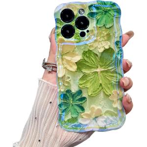 Case for iPhone 13 Pro Max,Exquisite Colorful Retro Oil Painting Flower,Stylish Glossy Pattern Wave Frame,Soft Durable Shockproof Camera Protection iPhone 13 Pro Max Case for Women Girl-Green