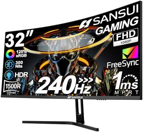 SANSUI 32 Inch Curved 240Hz Gaming Monitor High Refresh Rate, FHD 1080P Gaming PC Monitor HDMI×2, DP 1.4×2, Curved 1500R, 1ms(OD), HDR, VESA Compatible (ES-G32C3F DP Cable Included)