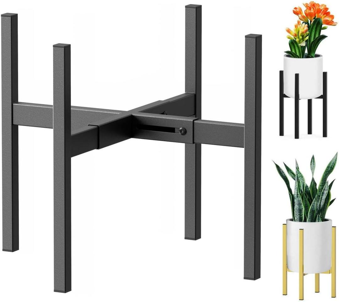 Metal Plant Stand, Adjustable Size Fits 10 12 13 14 15 16 Inches Large Planter Pot,Mid Century Expandable Plant Holder Indoor Outdoor Corner (HeavyBlack, Fits all pots between 8" and 16")