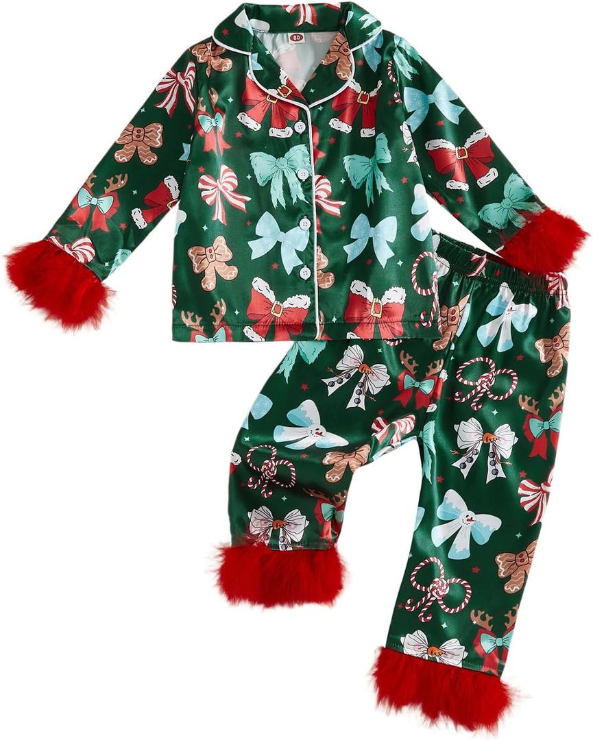 Hnyenmcko Toddler Baby Girl Christmas Satin Pajamas Fuzzy Trim Long Sleeve Santa/Bow Print Button Shirt Pants Kids Pjs Set (5-6 Years, Polyester-green Bow)