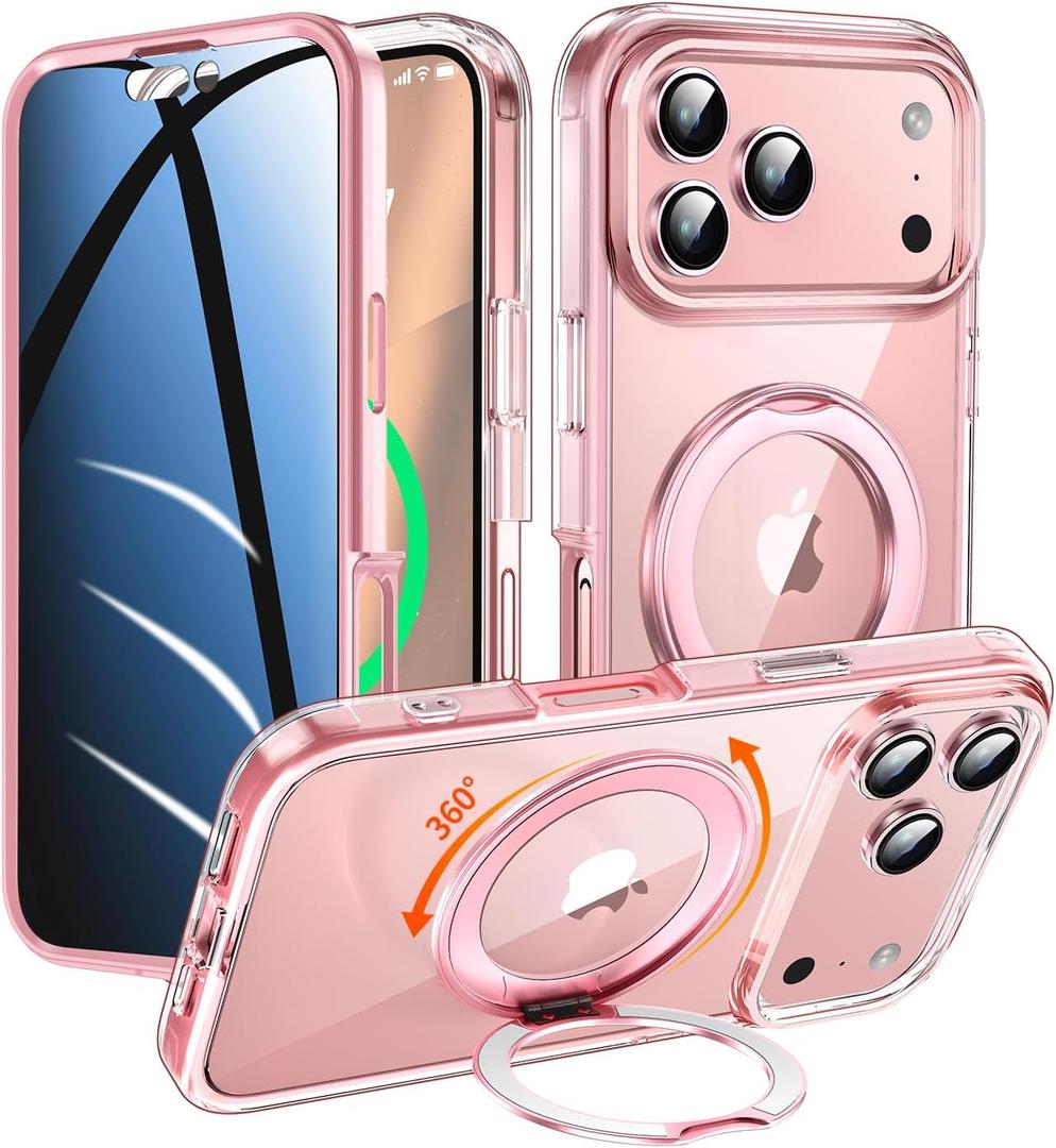 Privacy Case for iPhone 17 Pro Max with 360Stand [Built-in Anti Peeping Screen Protector] [Magnetic Ring ] Full Body Protective Phone 17ProMax Cover 6.9", Pink