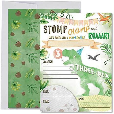Pack Of 2 Dinosaur Birthday Invitations for Boy Age 3, Three-Rex Party Decoration and Supplies, 20 Fill-In Invites + Envelopes