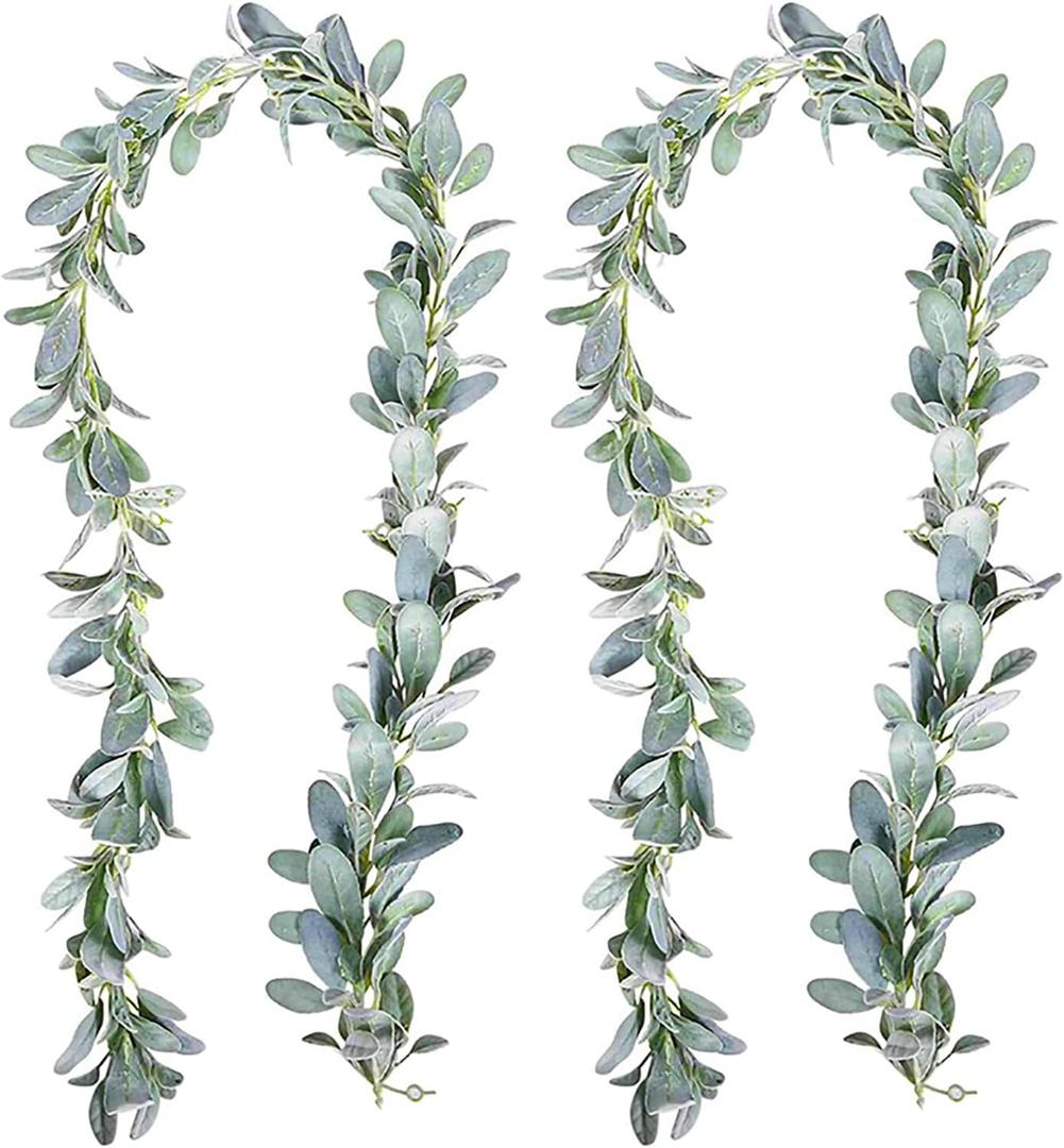 2 Pack Artificial Lambs Ear Greenery Garland Flocked Green Leaves Vines Garland Faux Lambs Ear Vine for Home Farmhouse Wedding Party Mantle Decor