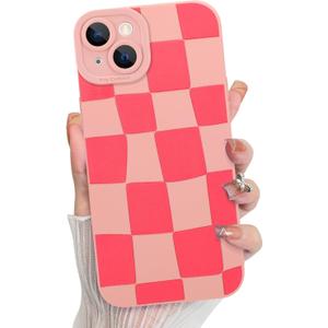 KANGHAR Compatible with iPhone 14 Case, Silicone Checkered Cute Pattern, Camera Protection Soft Slim Phone Case for Girls Women - Pink