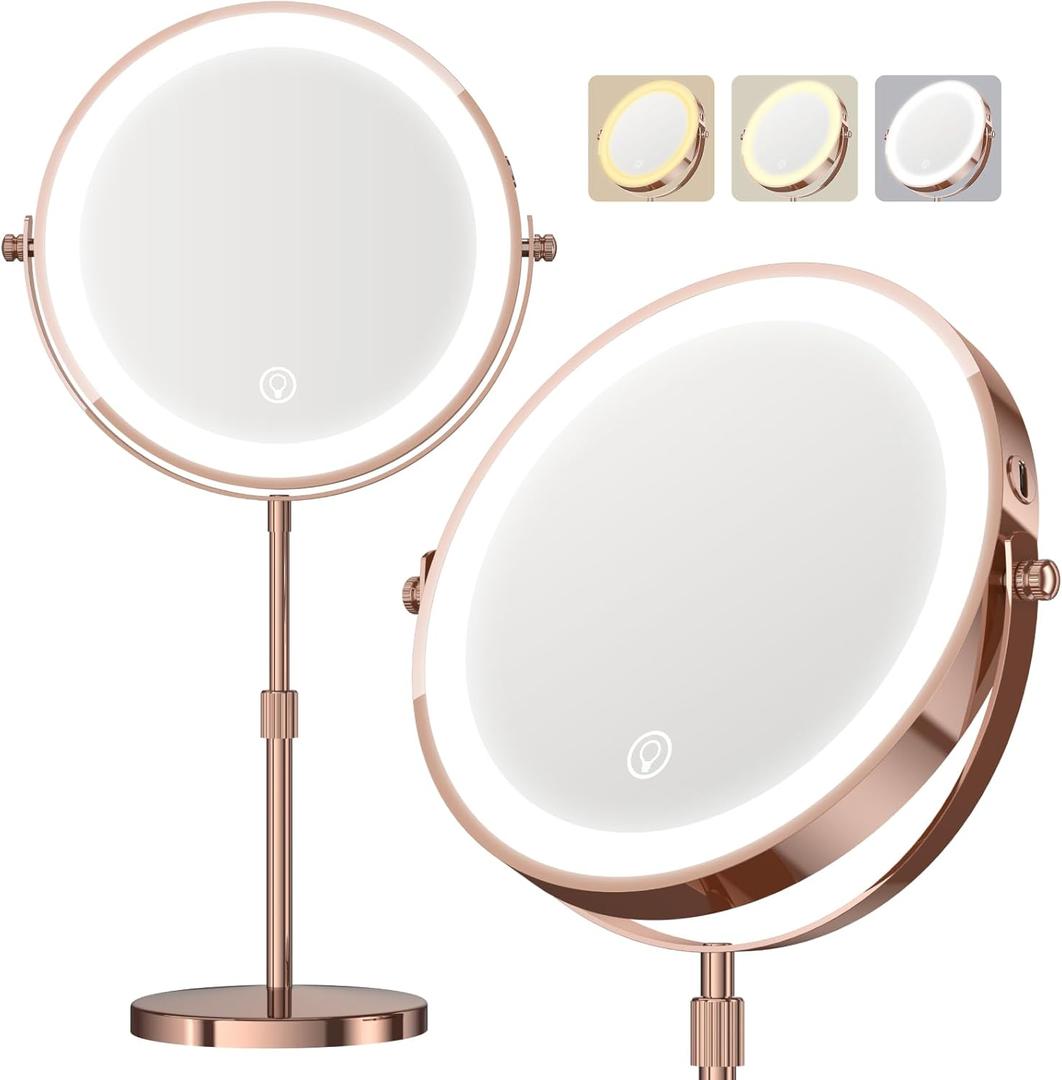 Makeup Mirror with Lights, 5000 mAh Rechargeable Double Sided Magnifying Vanity Mirror with 3 Colors, 1x/20x, 360 Rotation , Brightness Adjustable Magnification Lighted Makeup Mirror, Women Gift (Rose Gold)