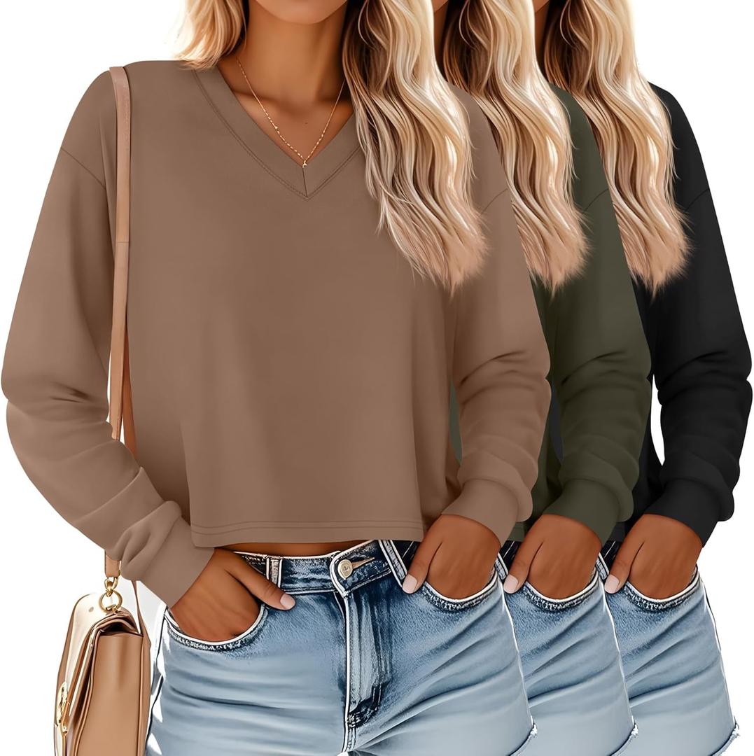 Ficerd 3 Pack Women's Crop Long Sleeve Tops V Neck Loose Cropped T Shirts Drop Shoulder Casual Basic Fall Winter Boxy Tees (Large, Black, Army Green, Coffee)