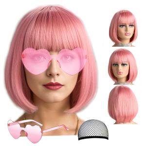 Short Bob  LIULIUBTY Short Bob Hair Wigs Straight with Flat Bangs Synthetic Colorful Cosplay Daily Party Neon Wig for Women + Free Wig Cap 12" Natural As Real (Light Pink) Cut Wig Pink