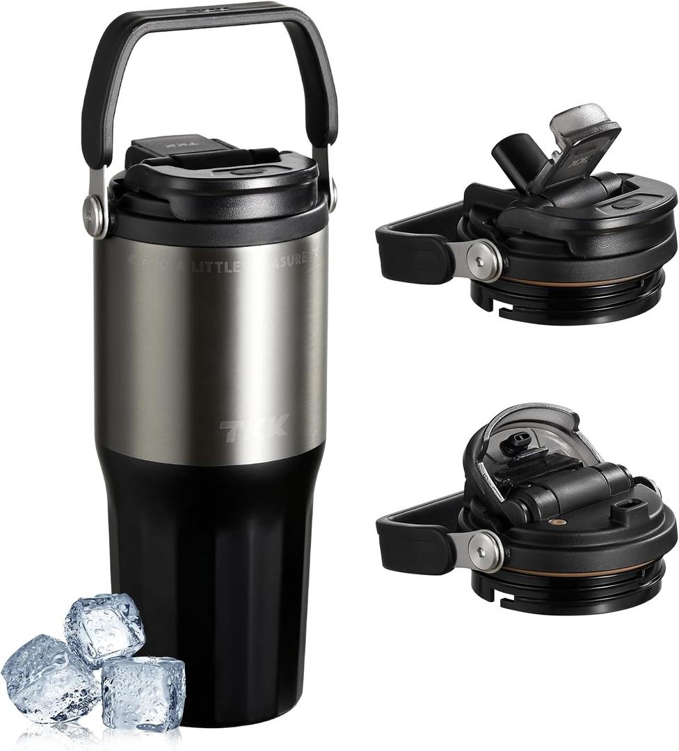TKK 24 oz Ceramic Coated Tumbler with Straw Lid, 18/10 Stainless Steel Vacuum Tumblers, Leakproof Double Walled Iced Car Cup with Handle & Tea Infuser& Dishwasher Safe, for Hot & Cold Drinks, Black