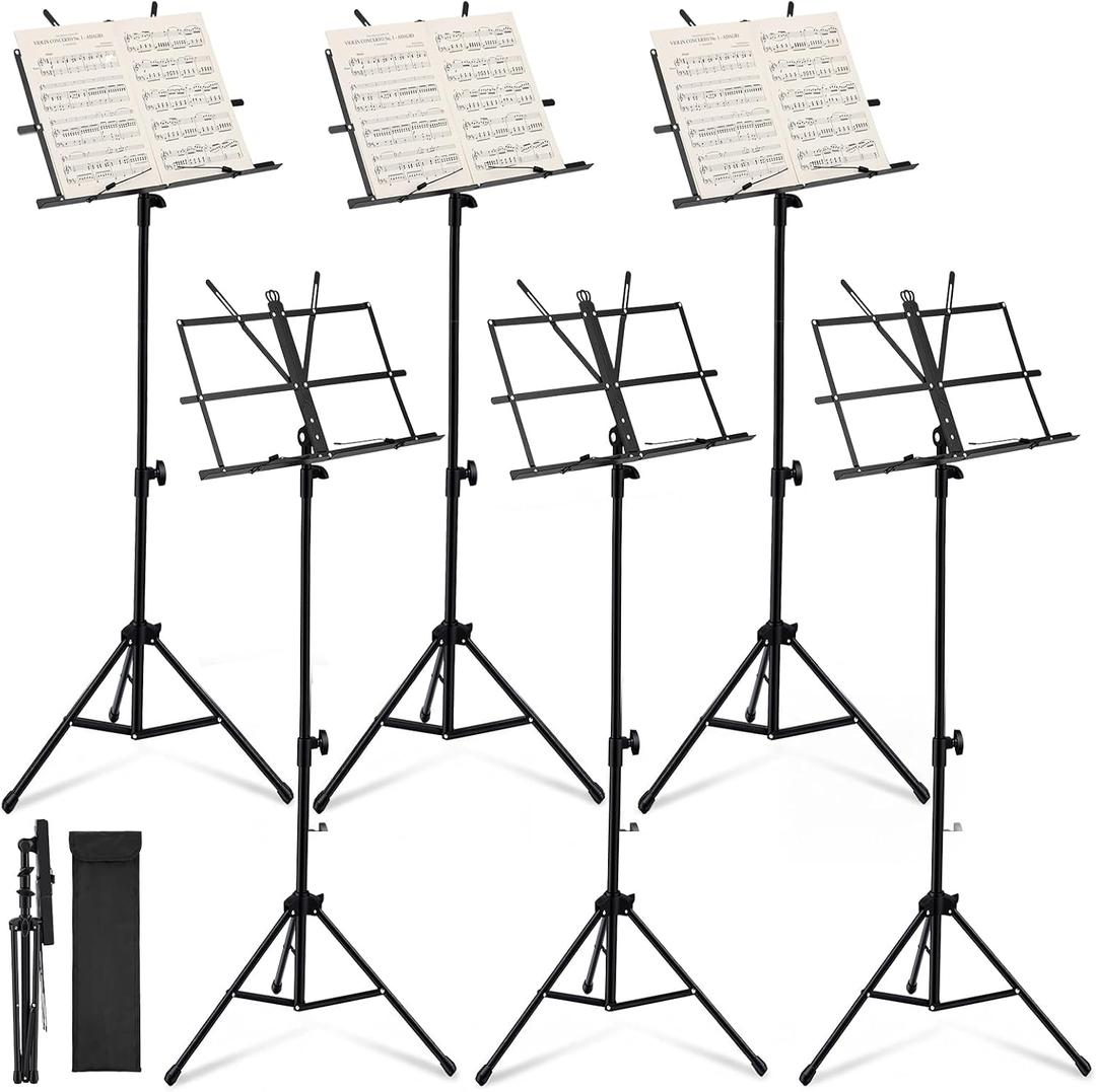 Threehoney 6 Pack Portable Folding Music Stand with Carrying Bags, Dual Use Metal Desktop Book Holder, Adjustable Height 25.659", Stable Tripod for Musicians, Students & Band(Black)