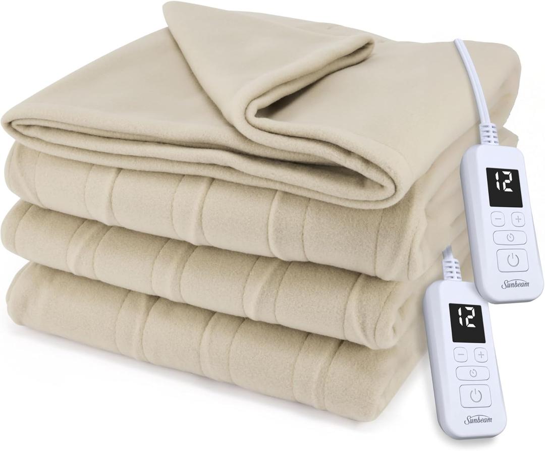 Sunbeam Royal Ultra Fleece Heated Electric Blanket Queen Size, 90" x 84", 12 Heat Settings, 12-Hour Selectable Auto Shut-Off, Fast Heating, Machine Washable, Warm and Cozy, Pebble