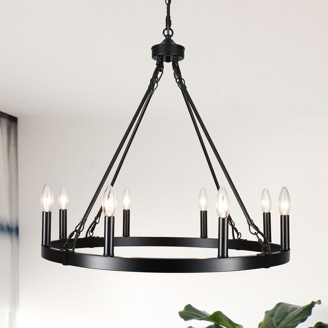 Black Chandelier for Dining Room 8-Light Wagon Wheel Chandeliers 26 Inch Farmhouse Light Fixture Kitchen Island Round Pendant Lights for Living Room Foyer Entryway Outdoor Porch E12