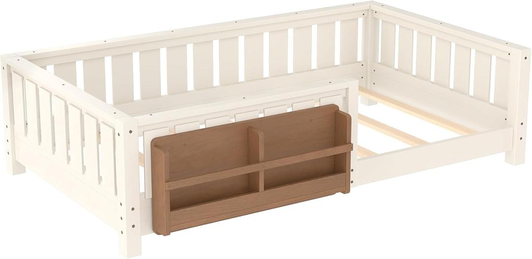 Bellemave Twin Floor Bed with Slats and Safety Guardrail, Twin Size Montessori Floor Bed with Fence and Built-in Bookshelf, Easy Assemble Montessori Beds for Kids, Girls, Boys, Beige