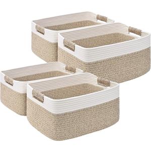 4 Pack Large Storage Basket for Organizing, 17.5"x13"x7" Woven Basket for Shelves, Closet Cube Storage Bins with Wrapped Handle, Cotton Rope Baskets for Kitchen, Clothes, Toys(Off White & Brown)