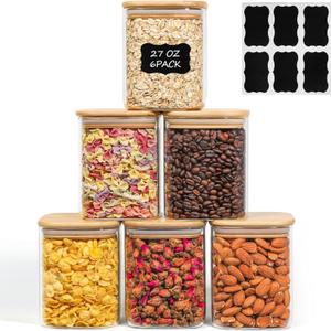 ComSaf 27 oz Glass Food Storage Jars Set of 6, Clear Storage Containers with Airtight Lids, Pantry Organization Jar, Spice Jar, Blooming Tea, Oat, Coffee and Sugar Container, Canister Set for Kitchen