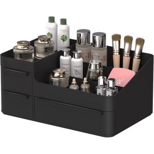 Makeup Organizer with Drawers, Countertop Organizer for Vanity, Bathroom and Bedroom Desk Cosmetics Display Case for Brushes, Lotions, Perfumes, Eyeshadow, Lipstick and Nail Polish (Black)
