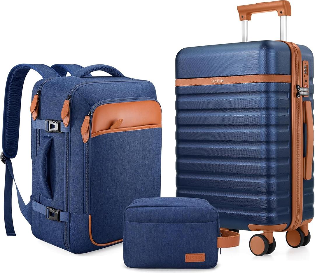 UKEIN Luggage Sets 3Piece, Carry On Luggage 20in Suitcase Set With Backpack | Carry On Suitcase with Spinner Wheels,PC Durable Hardside with TSA Lock,YKK Zippers,22x14x9 Airline Approved For Travel, Blue