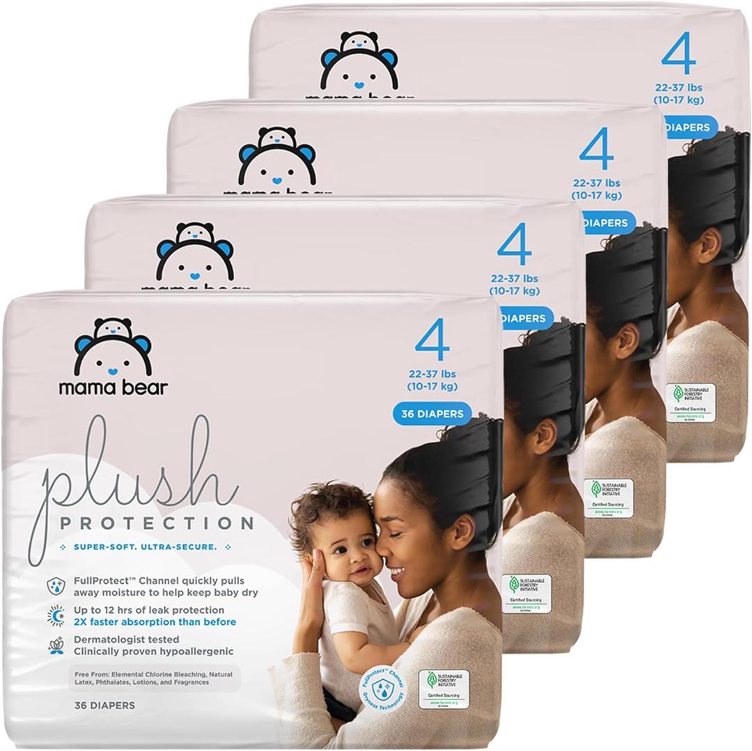 Amazon Brand - Mama Bear Plush Protection Diapers - Size 4, One Month Supply, Hypoallergenic Premium Disposable Baby Diapers, 144 Count (Pack of 4), White and Cloud Dreams