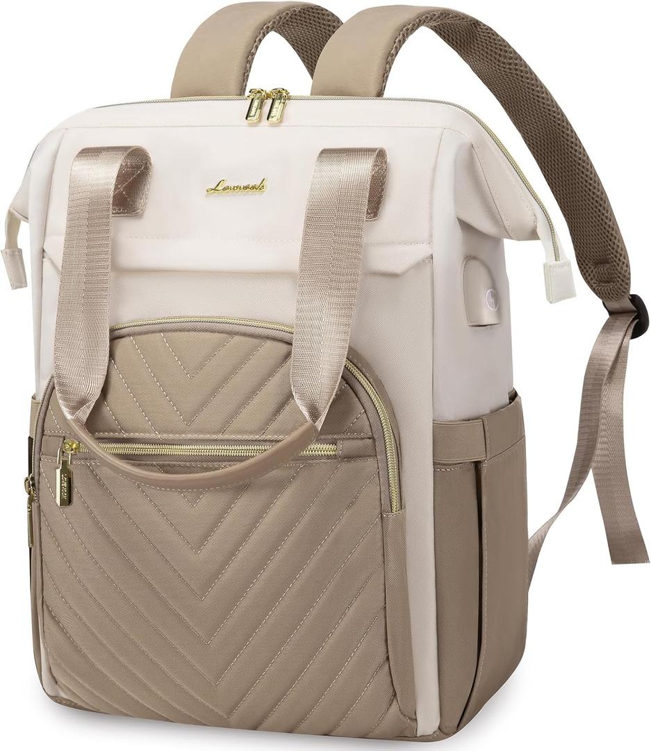 LOVEVOOK Laptop Backpack for Women, 17.3 Inch Work Laptop BagWaterproof Teacher Nurse Bag with USB Port, Fashion Travel Bag Business Computer Backpack Purse, Khaki-Beige