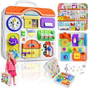 Montessori Toys for 1-2 Year Old Girl Boy Gifts, 15-in-1 Musical Busy Board, Birthday Gift for 1 Year Old Boy Girl, Educational Toddler Toy Age 1-2 (Orange)