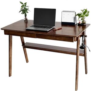 Mid-Century Modern 100% Solid Wood Writing Desk, 47" Rubberwood Home Office Computer Table & Workstation Desk with 2 Drawers, Lower Shelf & Side Hooks, 350 lbs Load, Laptop Desk