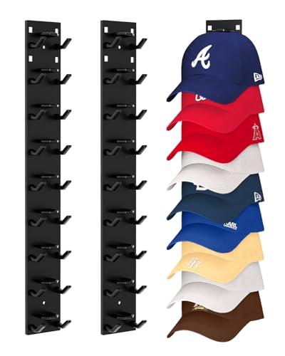 Meeenmiil Hat Organizer for Baseball Caps (2-Pack), Strong Adhesive Hat Rack for Wall, Multi-layer Hat Hooks Storage for 18 Hats, Hat Holder Hanger for Door, Bedroom, Closet - Black