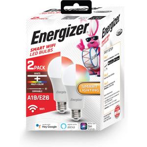 Energizer Connect Smart A19 LED White & Multi-Color RGB Light Bulb with Voice Control and Remote Access Through Your Smartphone | Compatible with Alexa and Google Assistant, 2 Pack