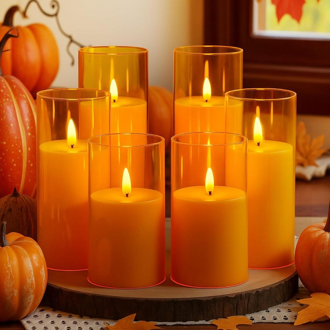 Retisee Fall Orange Flickering Flameless Candles Set of 6 Acrylic Battery Operated LED Unbreakable Thanksgiving Pillar Flameless Candles with Remote and Timer 3D Wick for Halloween Decor
