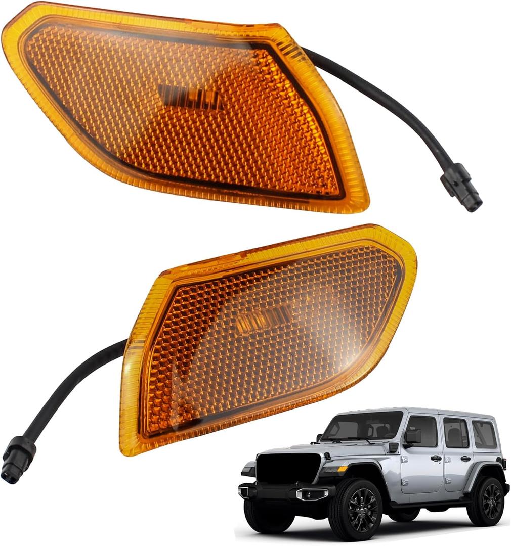 2Pcs Amber LED Front Side Marker Lights Compatible with 2018 2019 2020 2021 2022 2023 2024 Jeep Wrangler Turn Signal Indicator Light Replaces 68302119AB CH2550137 68302120AB