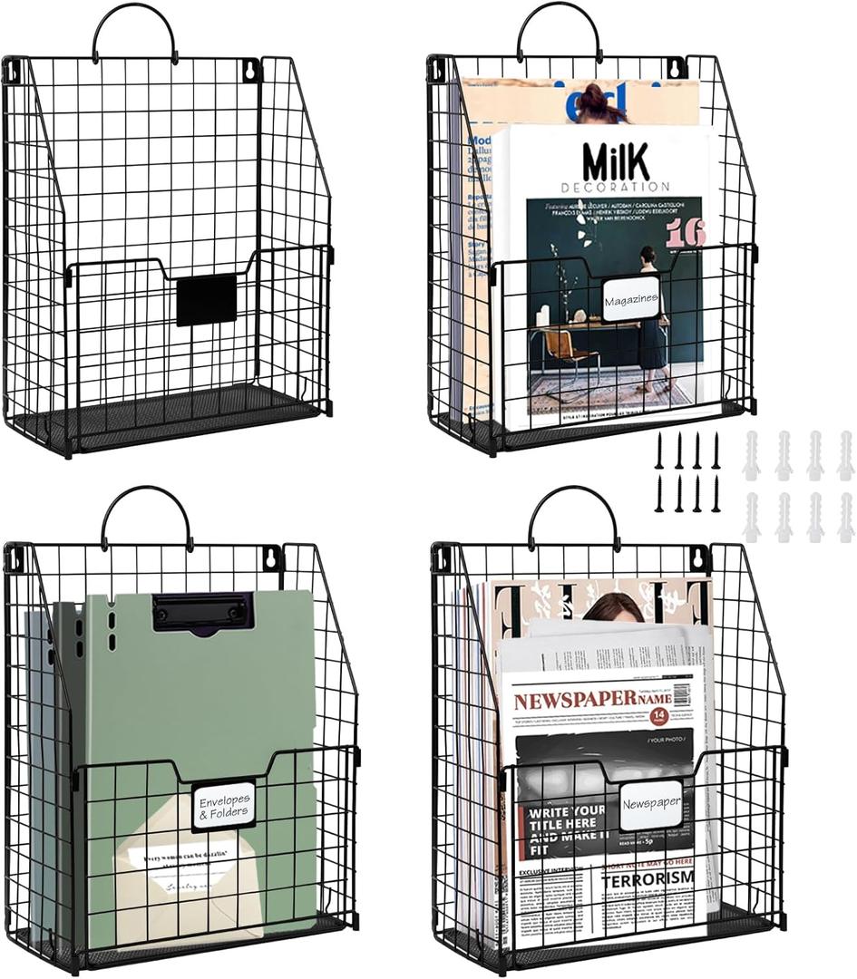 DILIBRA 4 Packs Hanging Wall File Organizer, Foldable Wall Magazine File Holder with Handle and Tag Slot, Metal Wall Mounted Mail Organizer Rack Folder Holder for Document Office Door Home Black