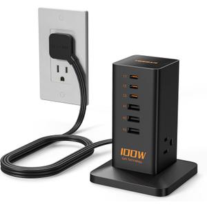 Charging Station PD 100W, TESSAN 9-in-1 USB C Power Strip for iPhone 16/15, MacBook, Tablet, Desktop Phone Fast Charger with 3 AC, 3 USB-A Ports, Home Drom Office Accessories