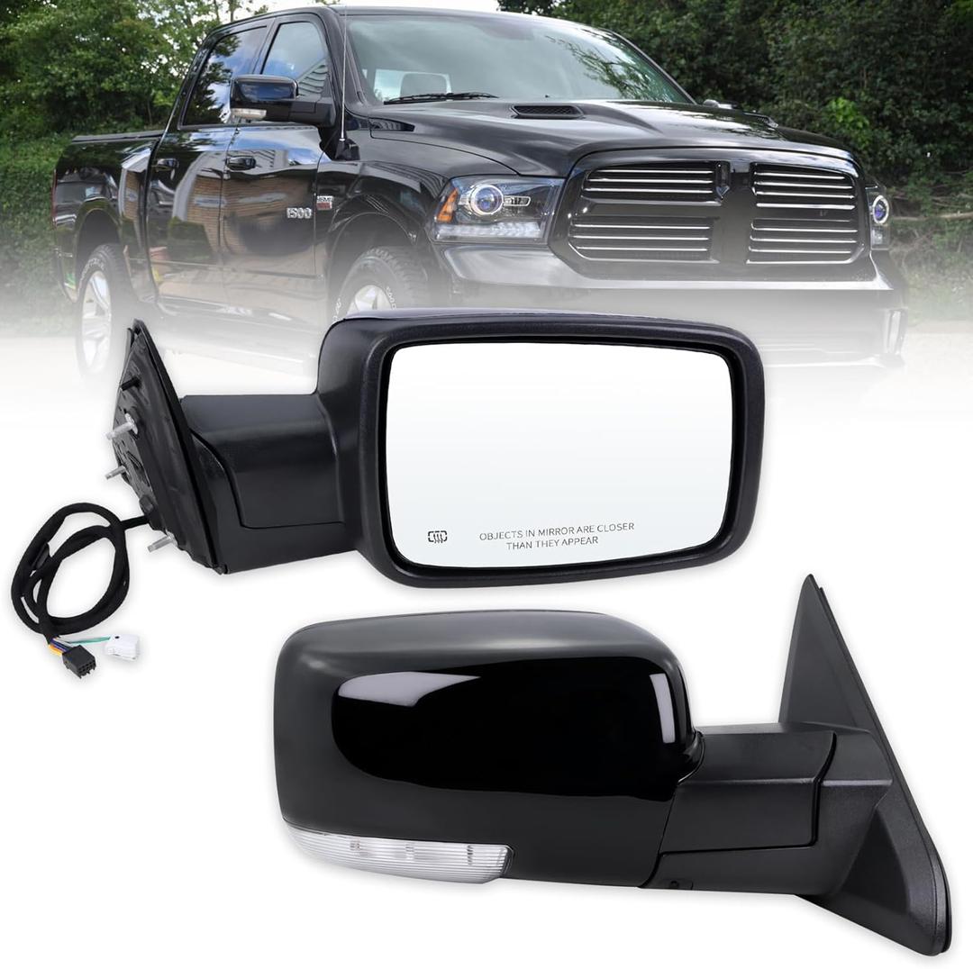 Right Passenger Side Door Mirror Compatible With 2013-2018 Ram 1500 2500 3500 With Power Folding Power Glass Heated Turn Signal Puddle Lights Black Replace#68096196AF (Right, 9+2Pins)