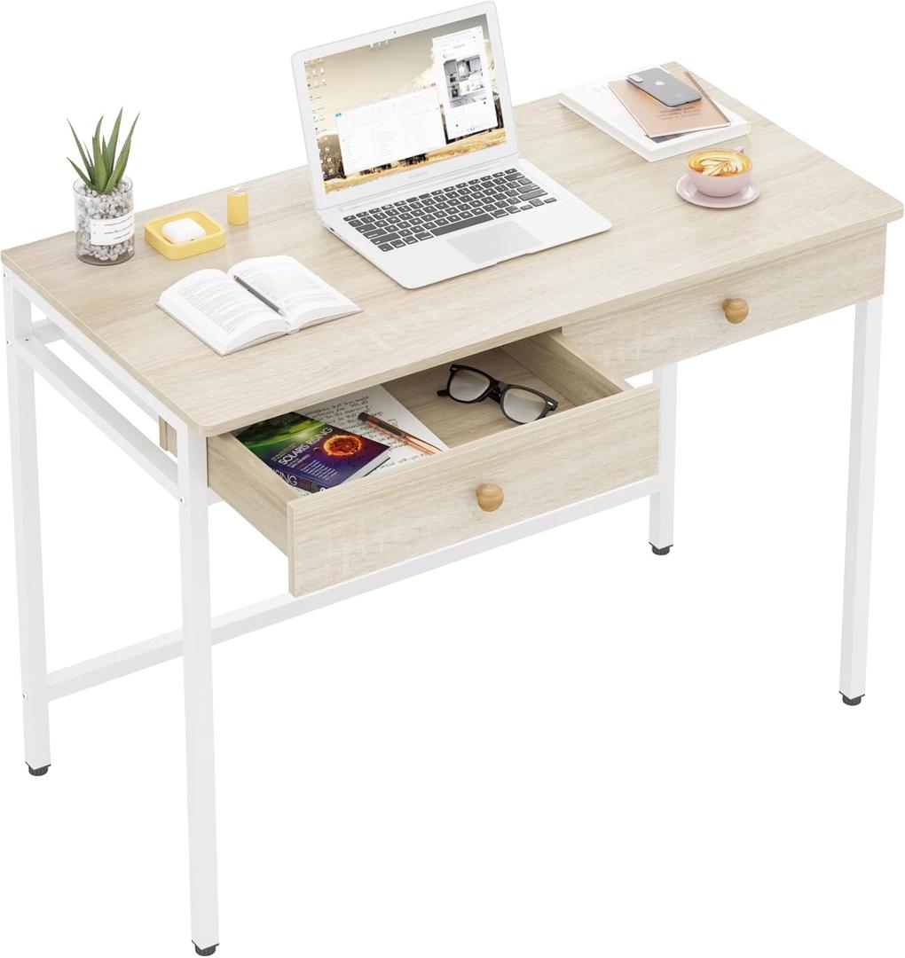 Weehom Computer Desk with Drawers, Home Office Desk for Writing, Studying, and Gaming - Sturdy and Spacious Workstation for PC and Laptop (Beige)
