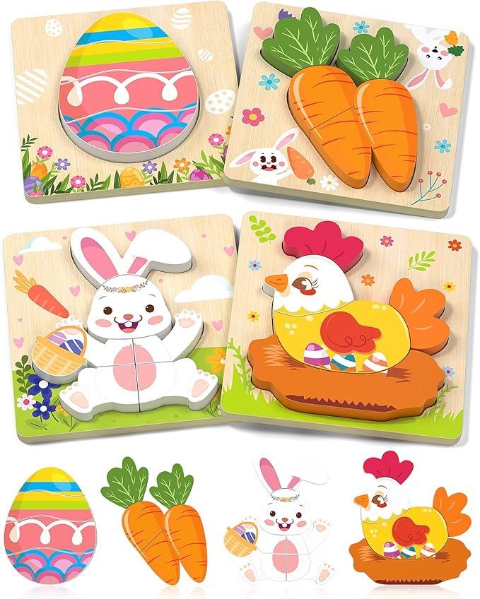 Oomloid Easter Wooden Puzzles Toddler Toys, 4 Pack Party Favors Baskets Essentials Birthday Gifts Montessori Toys Easter Basket Stuffers Puzzles for Toddlers Kids Girls Boys
