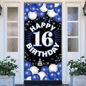 PHXEY Happy 16th Birthday Decorations for Boys & Girls, Blue Fabric Banner Backdrop for 16 Year Old Birthday Party, Perfect Photo Backdrop, Yard Sign, Cake Table Decor, Door or Entrance Sign