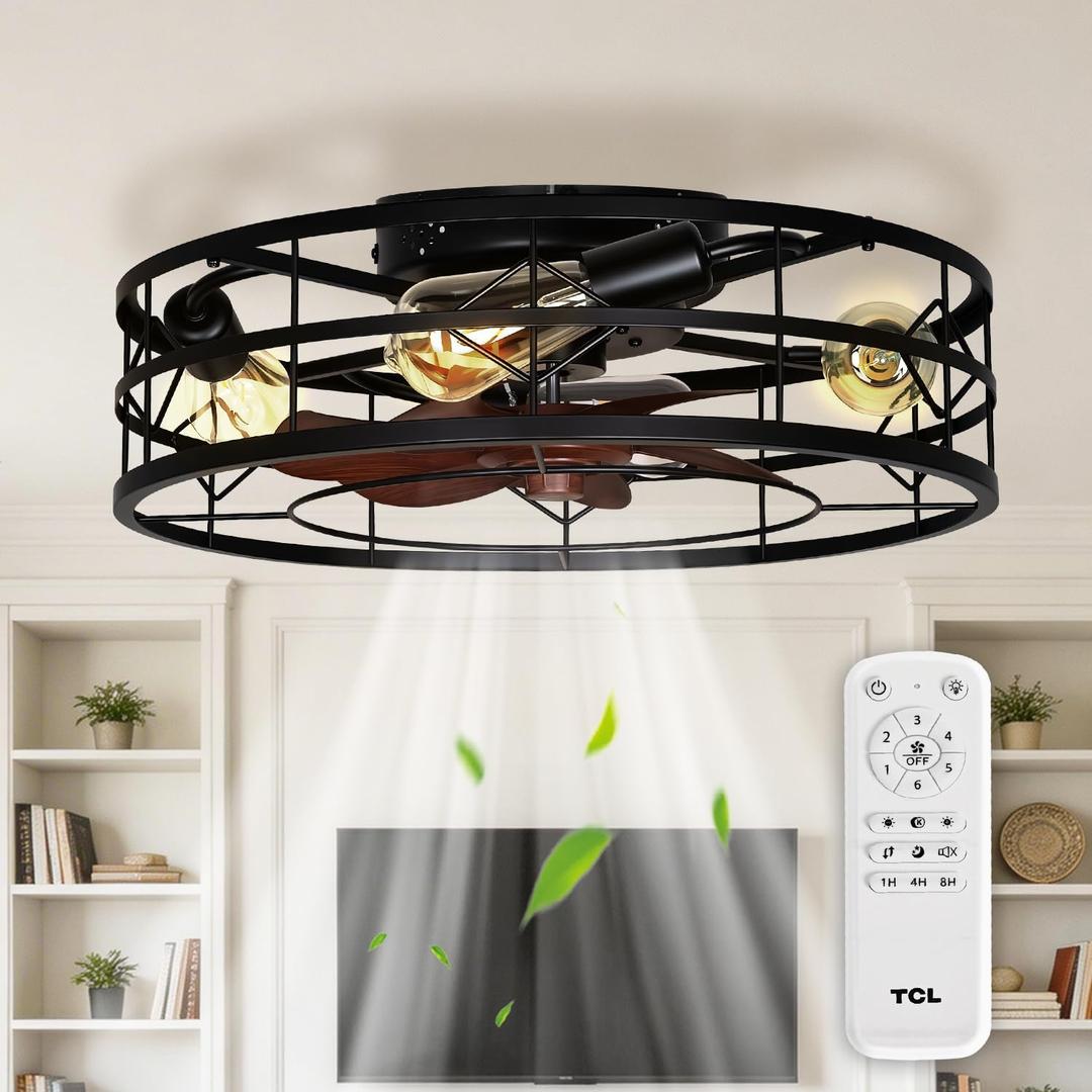 TCL 20 Inch Caged Ceiling Fans with Lights and Remote, Fandelier Ceiling Fan,Low Profile Flush Mount Fandelier, Rustic Farmhouse Style for Kitchen,Bedroom,Living Room,Easy to Install