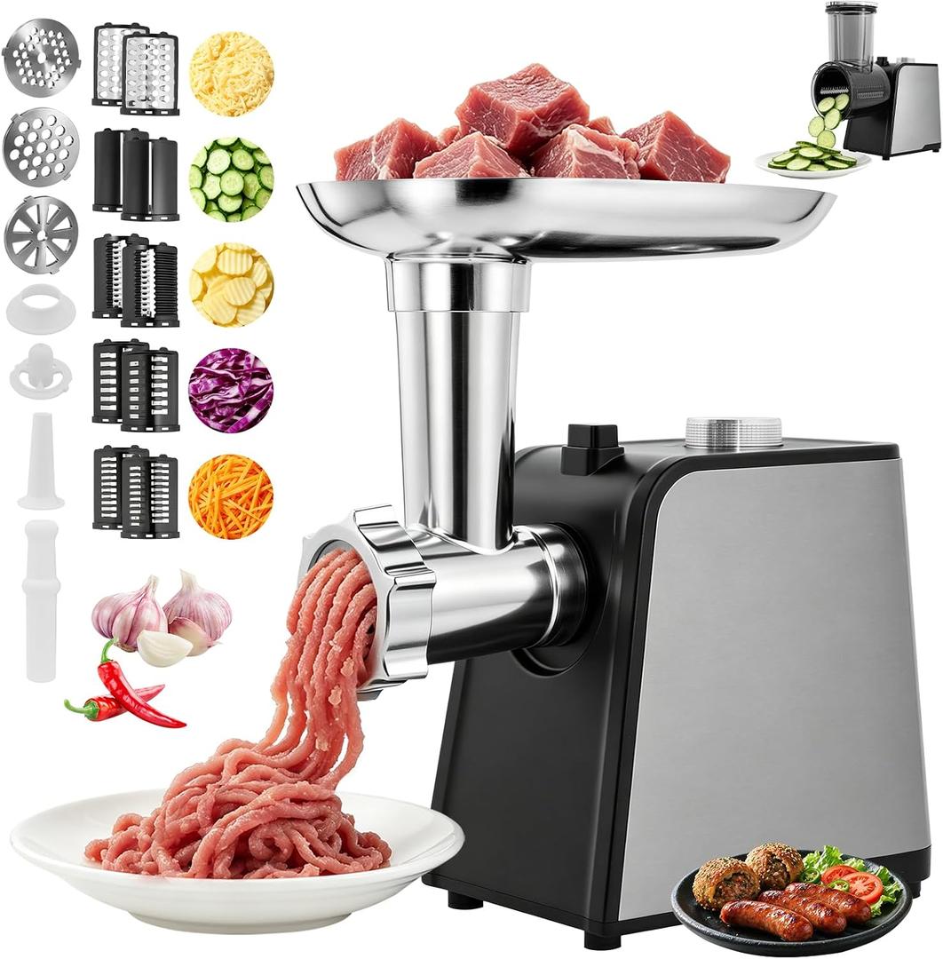Electric Meat Grinder,8 in 1 Electric Cheese Grater,2800W Max Meat Grinder & Chopper,Stainless Steel Sausage Stuffer Maker for Cheeses, Fruits, Vegetables, Sausages and Minced Meat