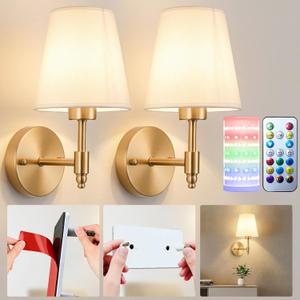 Nekhung Battery Operated Wall Sconces Set of Two, Wireless Battery Wall Light with 10000mAh RGB Dimmable Magnetic Bulb and Remote, Rechargeable Sconce Wall Decor for Bedroom Living Room Hallway (Brass)