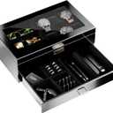 ProCase Wooden Men's Jewelry Box, 2-Tier Watch Holder and Sunglasses Box Organizer for Men, Display Cases with Clear Glass Top and Storage Drawer, Father's Day Gift -Black