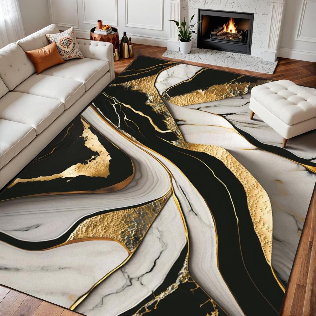 8x10 Area Rugs for Bedroom Black and White Gold Liquid 3D Abstract Marbled Golden Inlay Veins Lines Washable Rug for Living Room Carpet for Dining Room Soft Rubber Backed Non-Slip Carpet