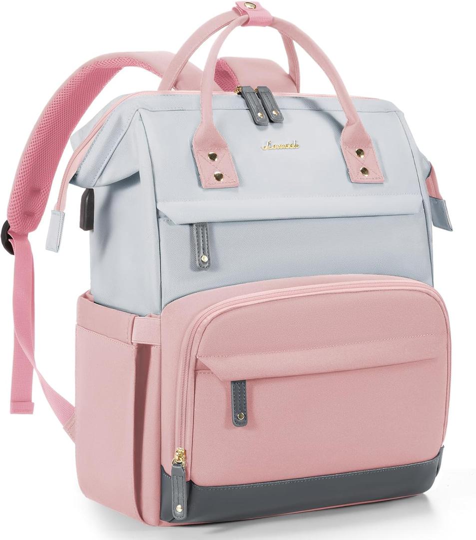 LOVEVOOK Laptop Backpack for Women, 17 Inch Work Business Backpacks Purse With Large Capacity, Waterproof Nurse Bag College Bookbag for School, Waterproof Casual Daypack for Travel (Pink-grey)