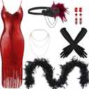 7 Pcs 1920s Women's Flapper Dress Sequin Dress Costume Headwear Earring Necklace Glove Stick Set and Long Feather Boa (XX-Large, Red)