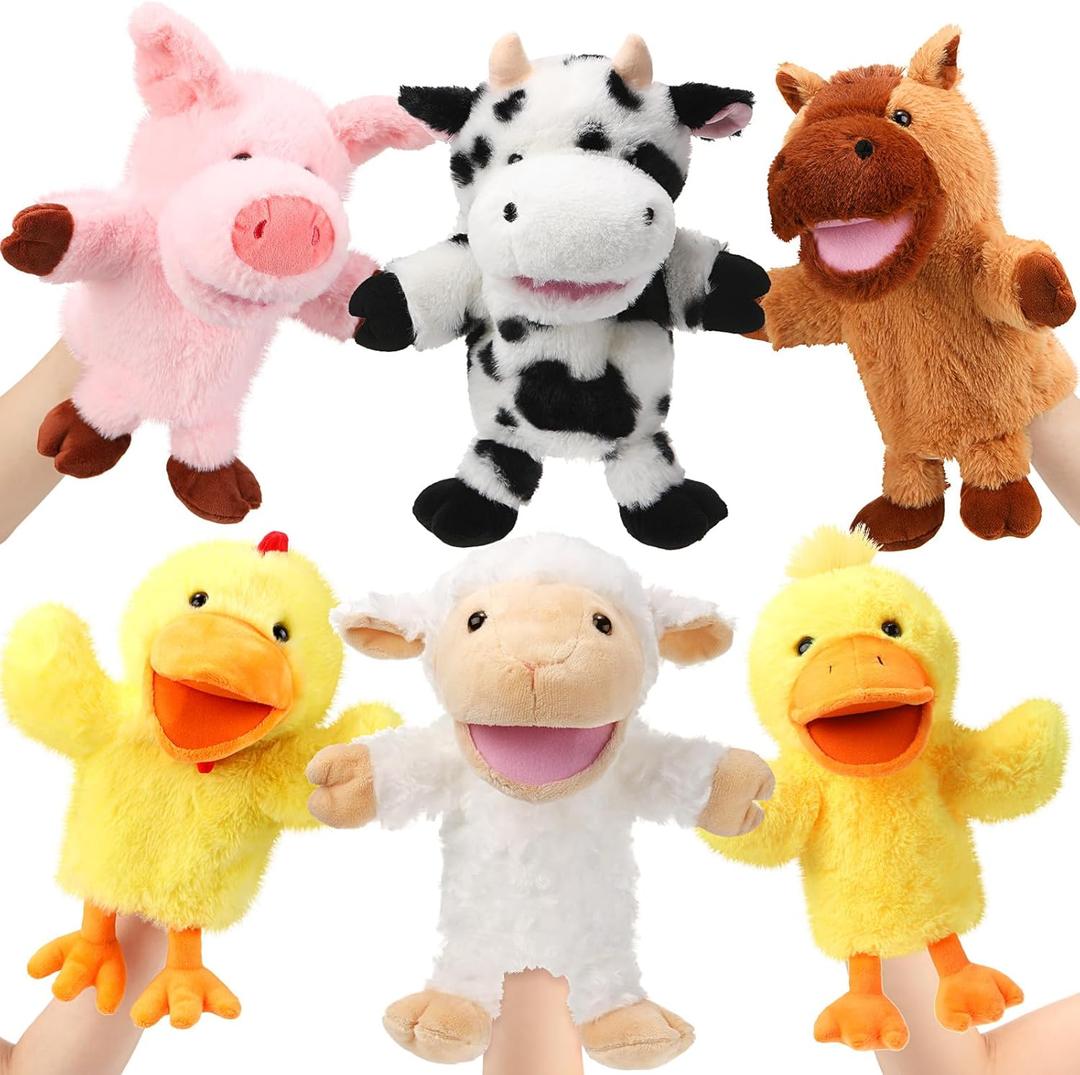 Lenwen 6 Pcs Animal Hand Puppets Bulk 10 Inches Living Realistic Toddler Plush Puppets with Working Mouth for Kids Storytelling Imaginative Role Play Show Game Birthday Party Gifts(Farm Animal)