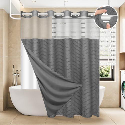 FADOTY No Hook Shower Curtain and Snap in Liner Set Grey Tufted Chevron Striped Cloth Waterproof Washable Fabric Boho Gray Bath Curtain with See Through Mesh Top Window for Bathroom Hotel 71" x 74"