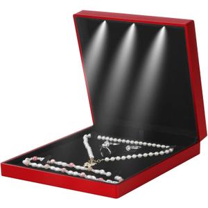 Large Velvet Jewelry Set Gift Box, Necklace Box With LED Light, Elegant Velvet Gift Box For Bracelet Necklace Earring Ring (Red)