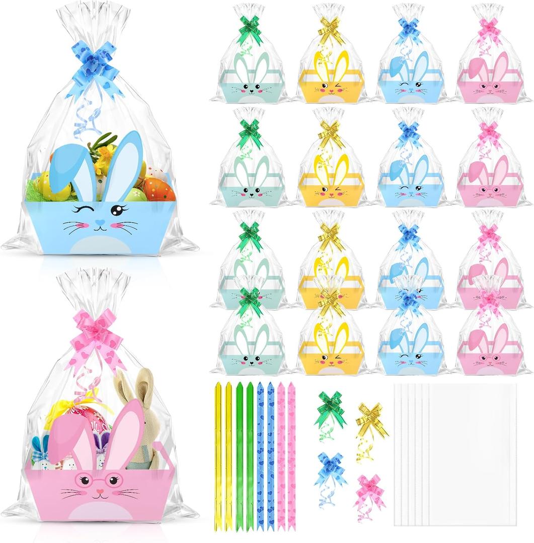 Zoketriton 24 Sets Easter Gift Basket Empty with Cellophane Bags, Bunny Cardboard Gift Basket Bulk with Pull Bows Ribbons to Fill for Spring Easter Gift Wrapping Storage Birthday Party Decor (Pink blue)