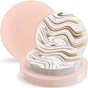 Blue Sky Curve Dinnerware White, Gold & Pink Eleganza Set - 32 Count | Disposable Plastic Plate Set with 16 Lunch Plates 7.5" & 16 Dinner Plates 10"